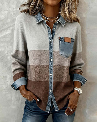Denim Patchwork Button-Down Shirt