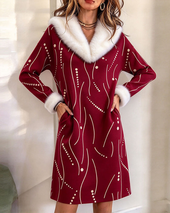 Fuzzy Collar Pattern Mid-Length Dress