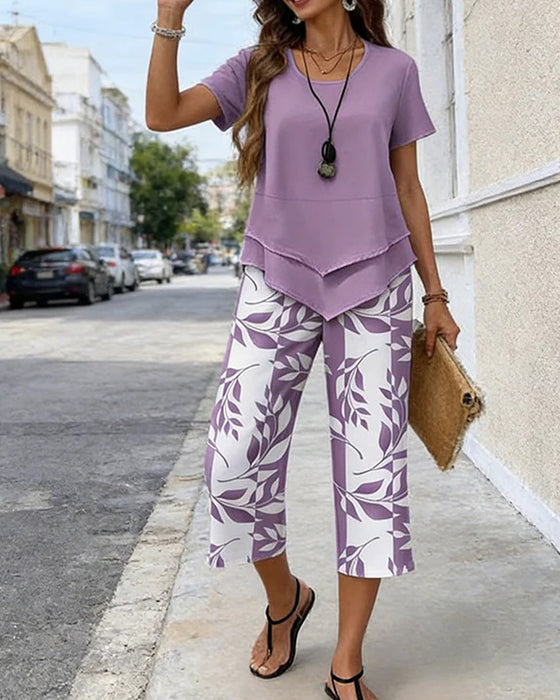 Printed Cropped Pants Casual Two-Piece Set