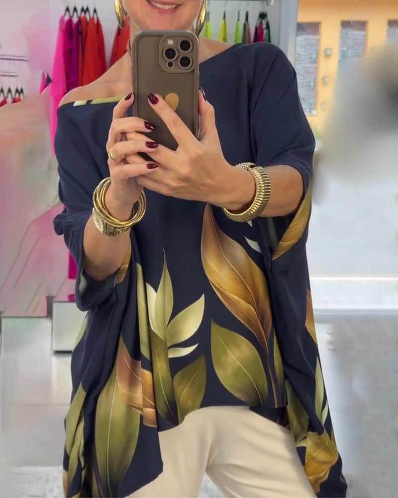 Sloped Shoulder Irregular Three-Quarter Sleeve Blouse
