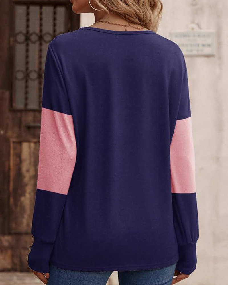 Women's Colorblock Print Button Decor Drop Shoulder Tee