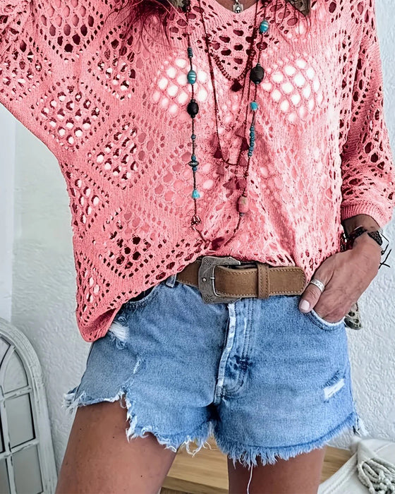 Diamond-Patterned Openwork Loose Top
