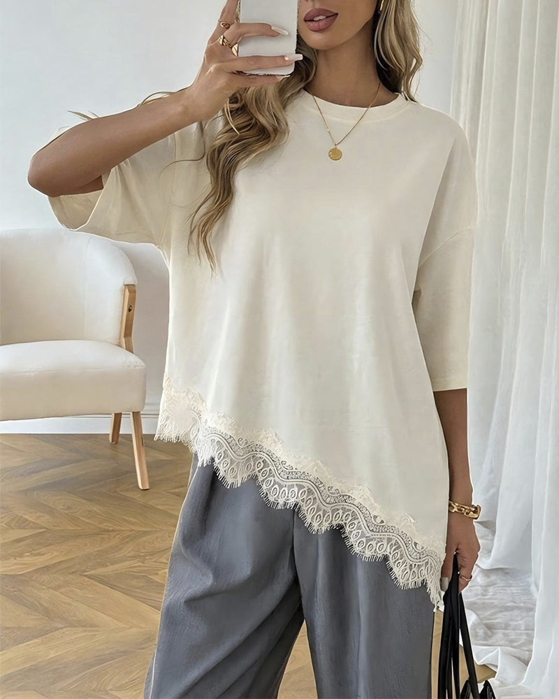 Asymmetrical Lace Spliced Hem Short Sleeve Blouse