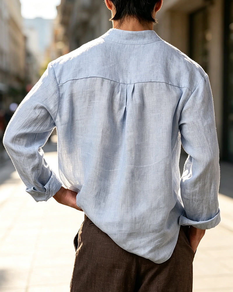 Men's V-Neck Stand Collar Long-Sleeved Casual Shirt