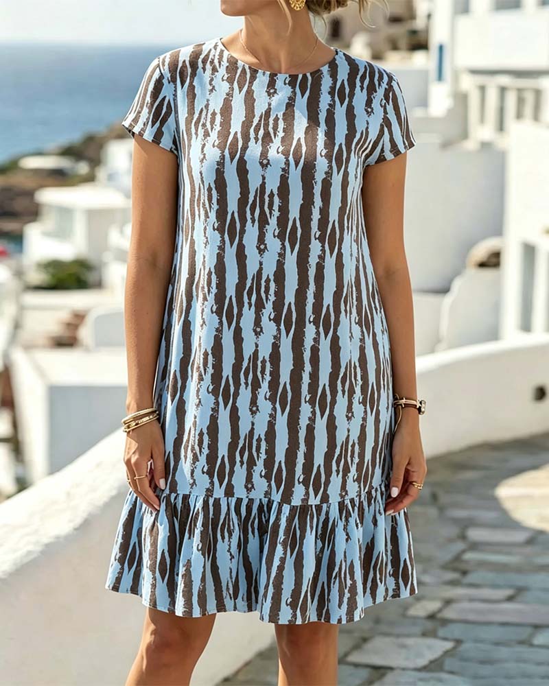 Round Neck Printed Short-Sleeve A-Line Dress