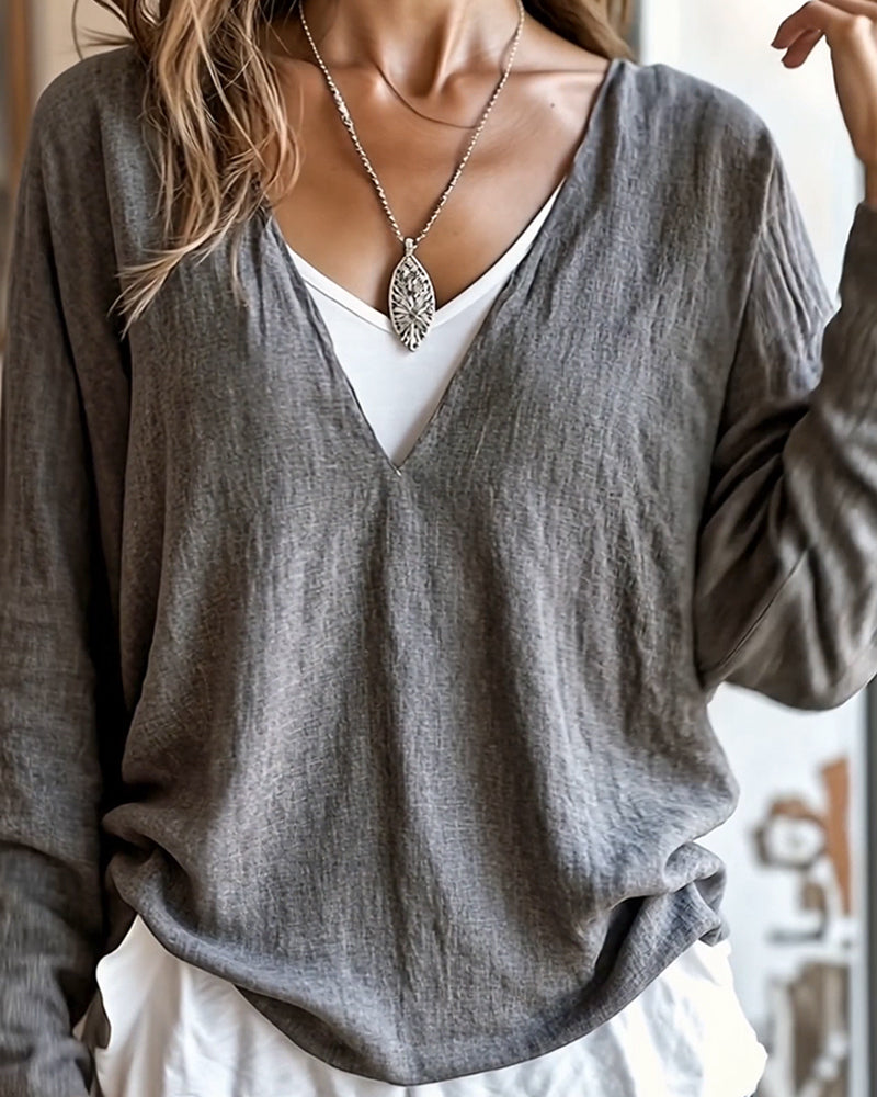 Fashionable Long-Sleeved Contrasting Color Stitching Top