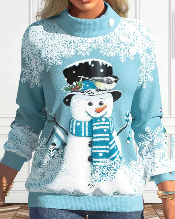 Snowman print stand collar sweatshirt