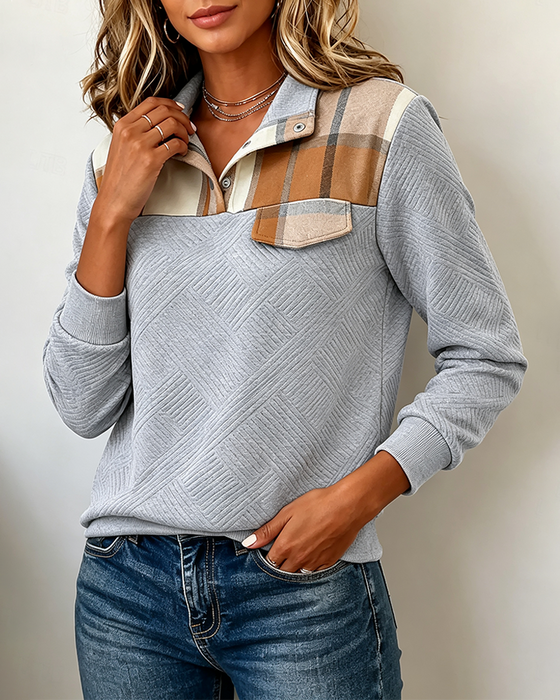 Plaid Patchwork Jacquard Lapel Sweatshirt