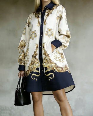 Lantern Sleeve Printed Lapel Shirt Dress