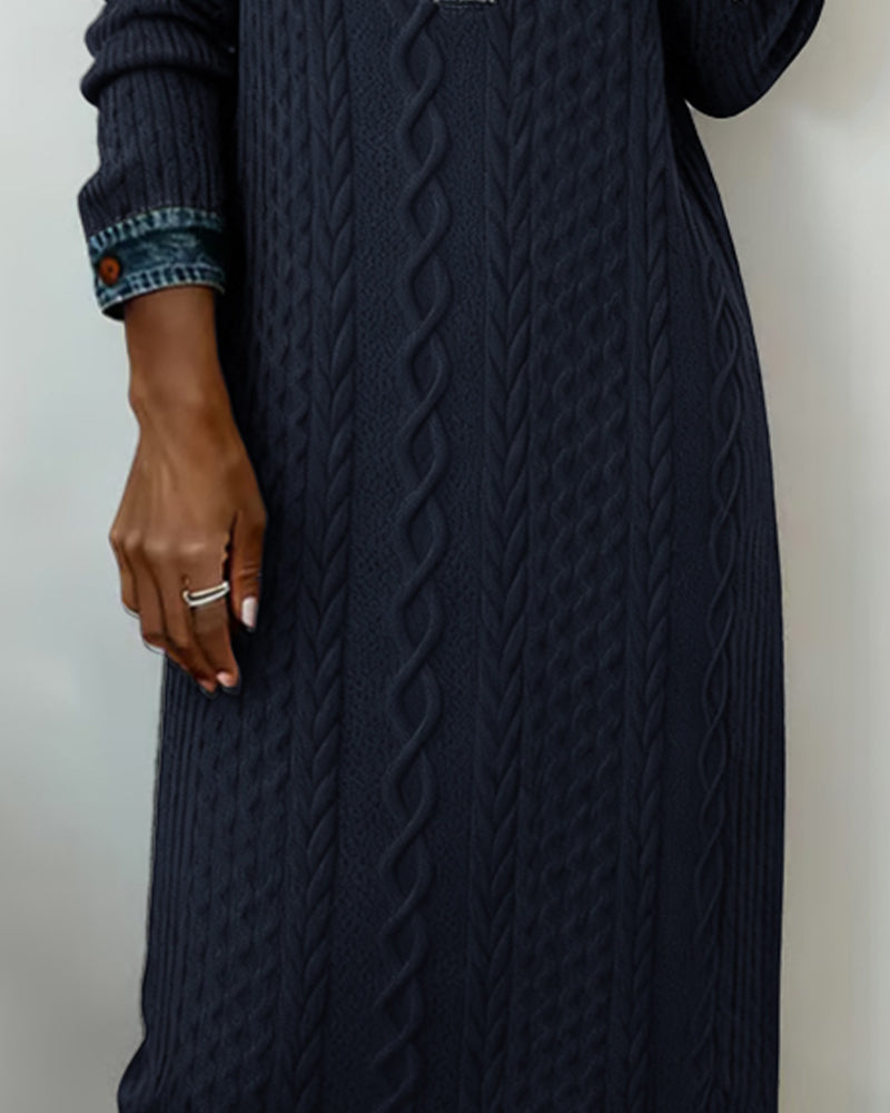 Denim cable knit patchwork collared dress