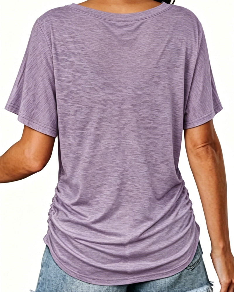 Pleated Solid Color V-Neck T-Shirt