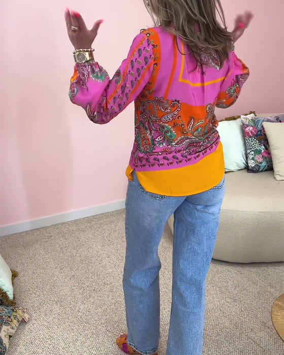 Fashion printed V-neck long sleeve blouse