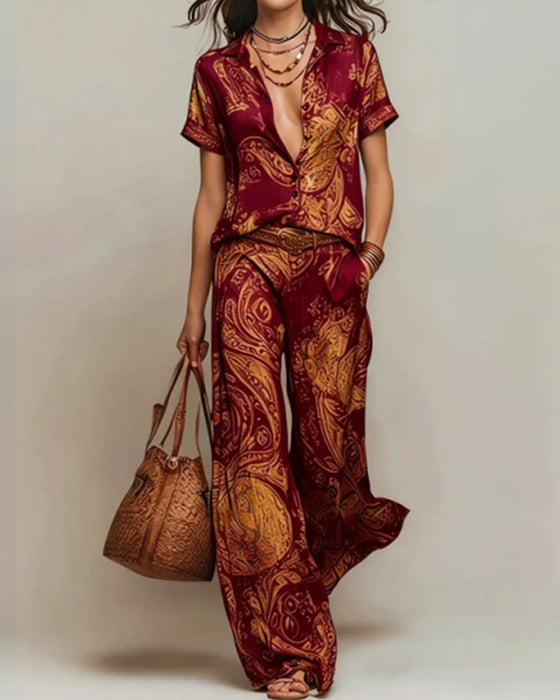 Holiday Short Sleeve Blouse Pocket Two-Piece Set