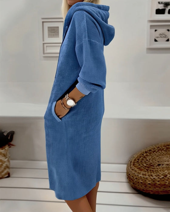 Fleece Waffle-Knit Casual Sweatshirt Dress
