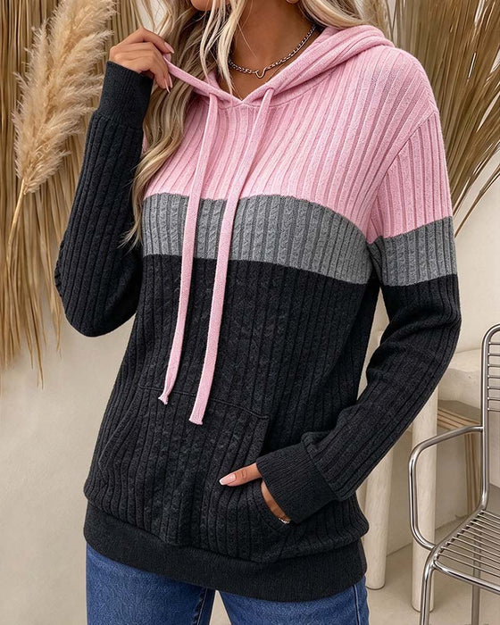 Hooded Ribbed Contrast Pocket Hoodie