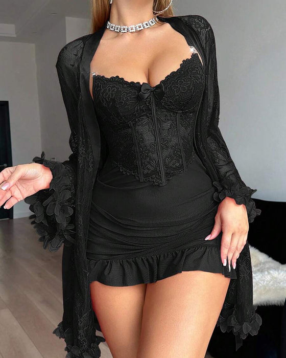 Lace Cover-Up Spaghetti Strap Lace Trim Pajama Dress