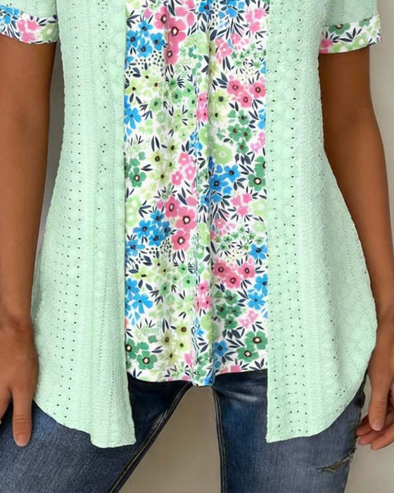 Faux Two-Piece Print Hollow Blouse