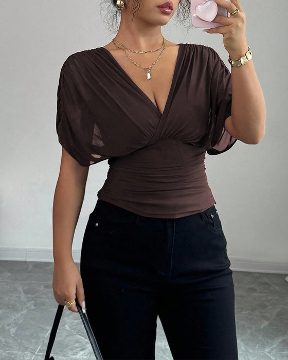 Solid Color Deep V-Nee Waist Short Sleeve Blouse