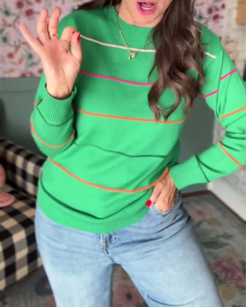 Casual Round Neck Striped Pullover Sweater