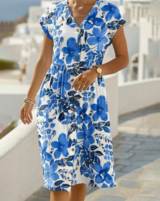 Floral Print V-Neck Short-Sleeve Dress