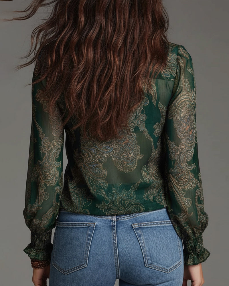 Half-Zip Ruffle Retro Blouse