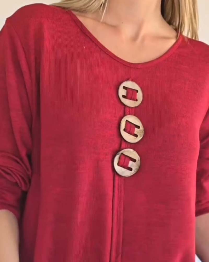 Wooden Button Long Sleeve Loose Top