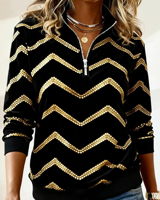 Zippered Long-Sleeve Wavy Print Sweatshirt