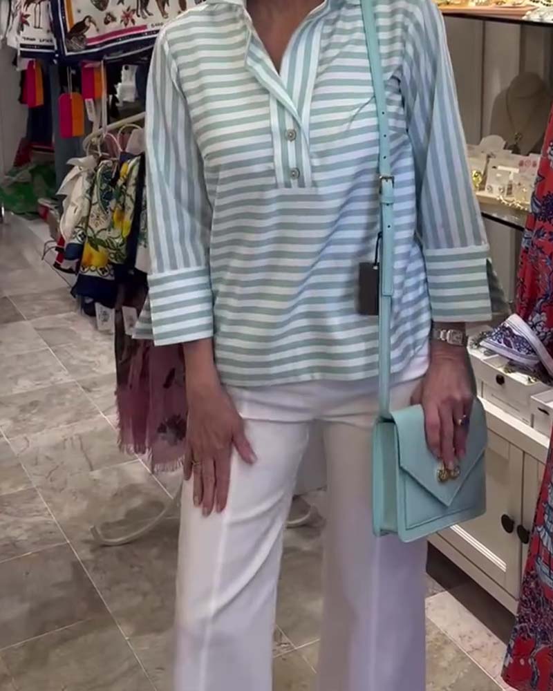 Striped Lapel Three-Quarter Sleeve Blouse