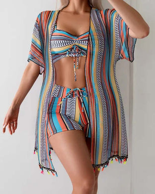 Resort Print Bikini Three-Piece Swimsuit