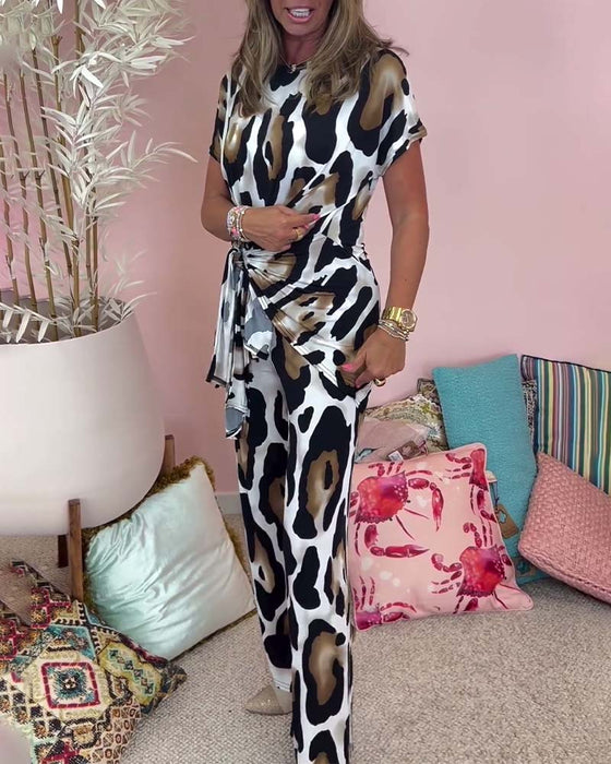 Leopard print lace-up casual two-piece set