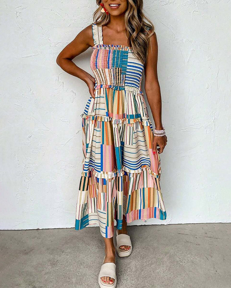 Strappy Striped Color Block Tiered Dress