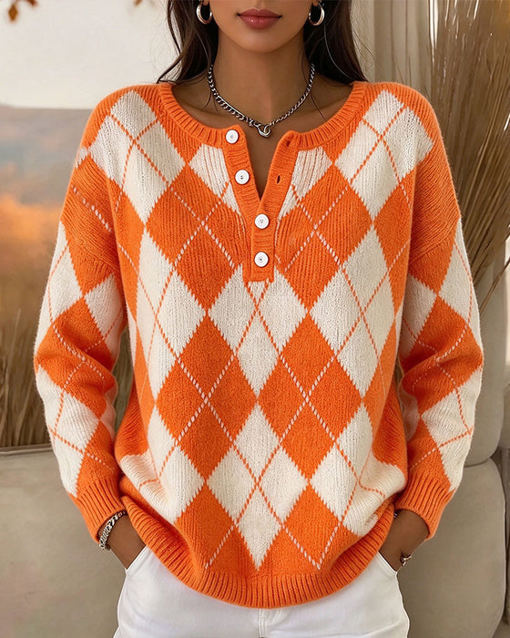 Diamond Contrast Button Pullover