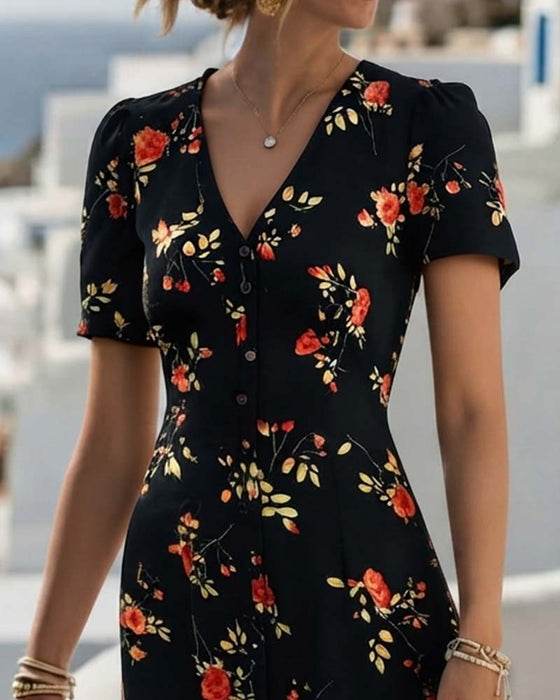 Floral V-Neck A-Line Dress With A Slit