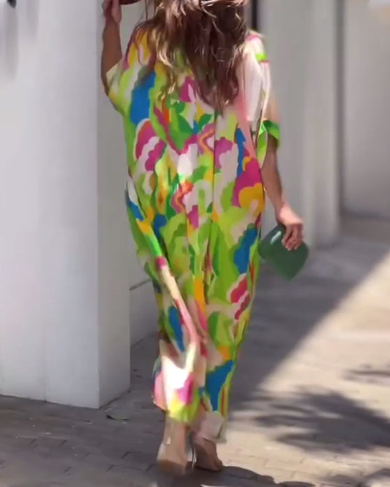 Printed lapel half sleeve casual dress