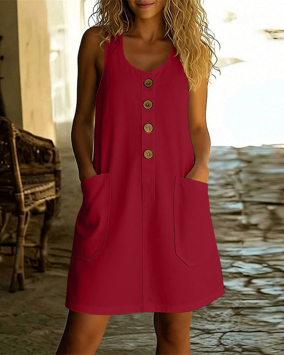Solid Color U-Neck Button Front Dress