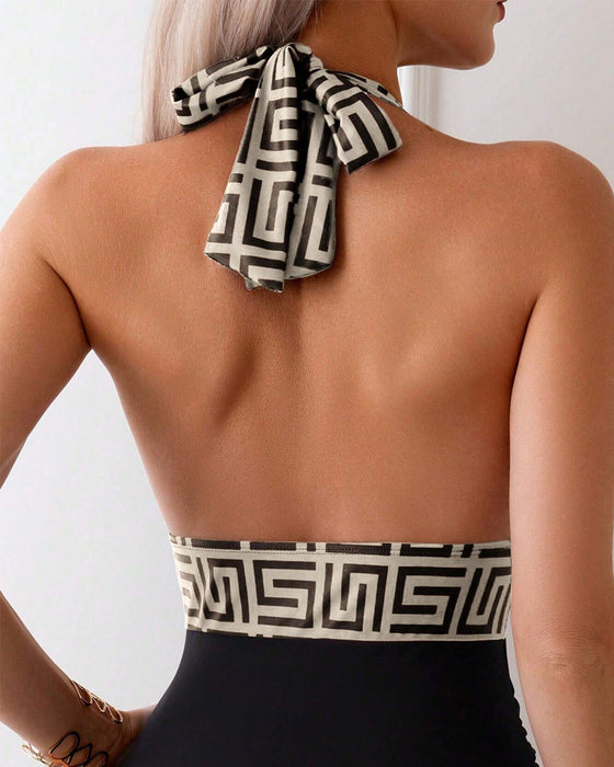 Printed Contrast Halterneck One-Piece Swimsuit