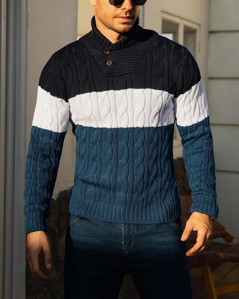 High Neck Button Contrast Men's Pullover