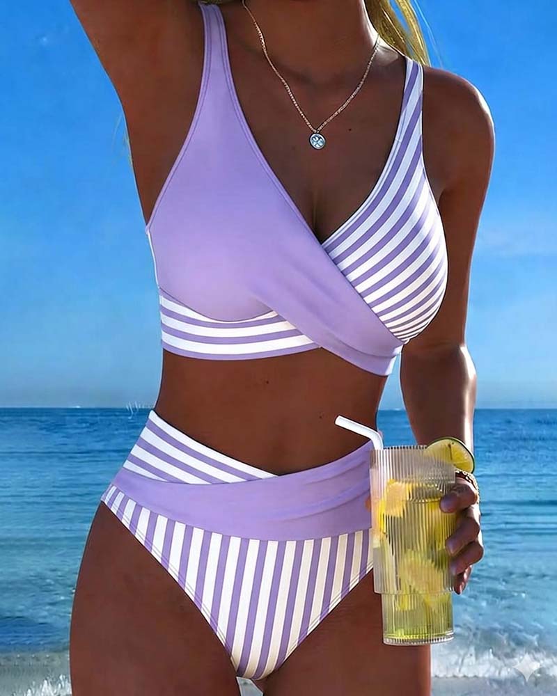 Crisscross Striped Print Bikini