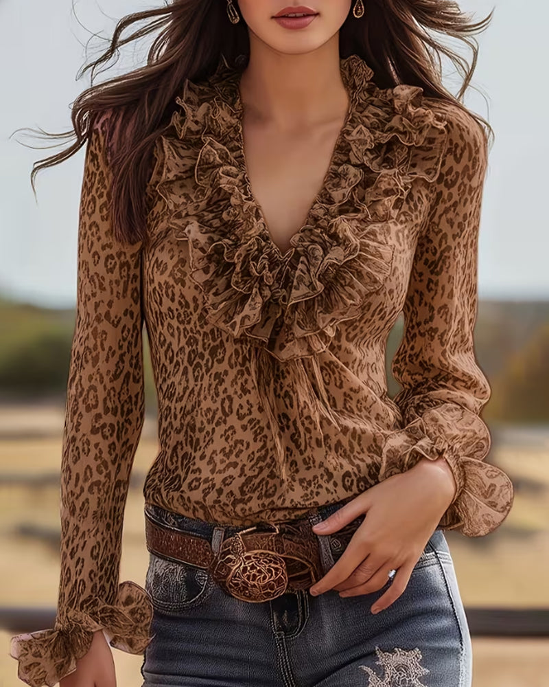 Ruffled V-Neck Leopard Print Blouse