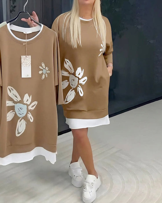 Crew Neck Printed Patchwork Sweatshirt Dress