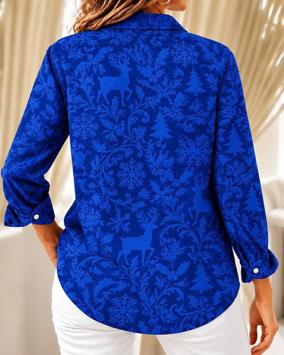 Christmas Elk Snowflake Print Lapel Shirt