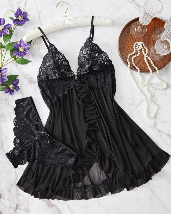 Ladies' Sexy Ruffle Trim Lace Cami Nightdress & Bow Decor Panty Set