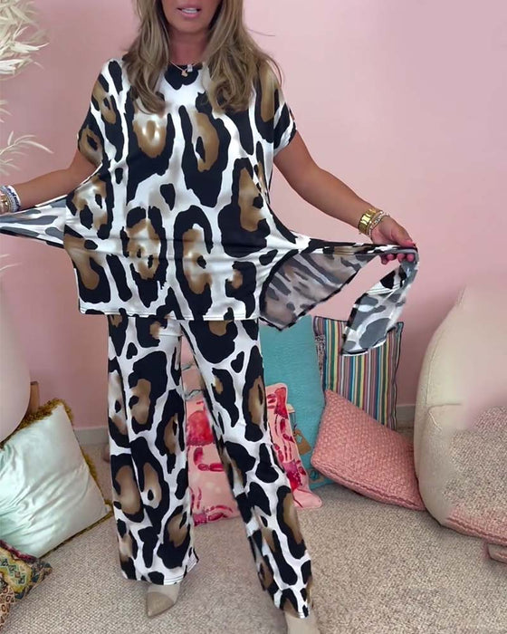 Leopard print lace-up casual two-piece set