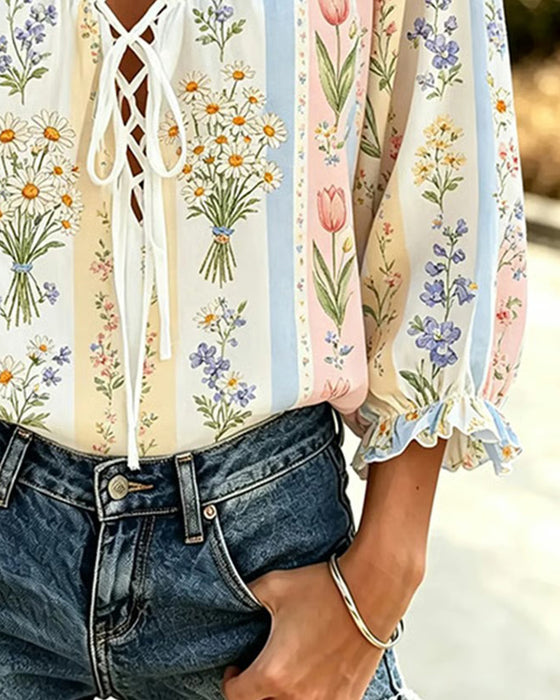Color-Block Floral Tie V-Neck Blouse