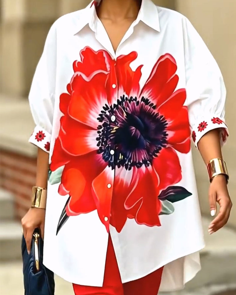 Large Flower Print Puff Sleeve Shirt