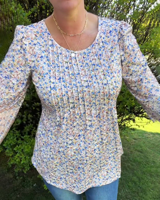 Puff Sleeve Floral Pleated Top