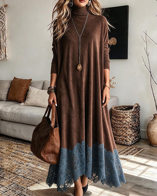 High Collar Loose A Hem Lace Dress