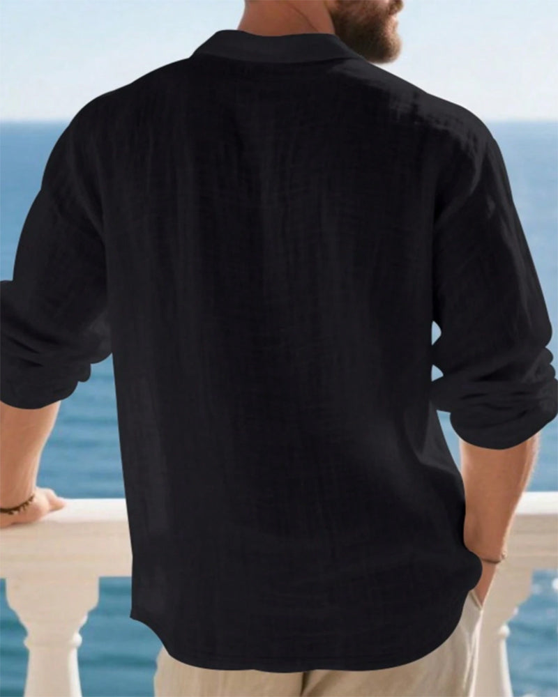 Men's Lightweight Loose Linen Long Sleeve Polo Shirt