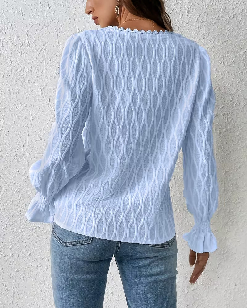 Elegant Jacquard Ruffle Sleeve Blouse