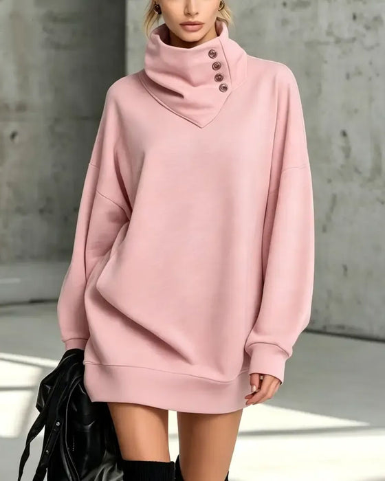 Turtleneck Diagonal Button Loose Fit Dress